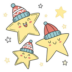 Three cute cartoon stars wearing winter hats and smiling