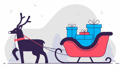A reindeer pulling a sleigh full of christmas gifts in a winter wonderland illustration design style