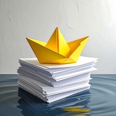 A bright yellow paper boat sits atop a tall stack of white sheets, against a textured background with glossy reflective surface