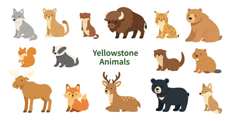 Yellowsone national park animals set, stylized illustrations depict various Yellowstone park animals, vector representations of wildlife suitable for educational displays © evgenia_lo