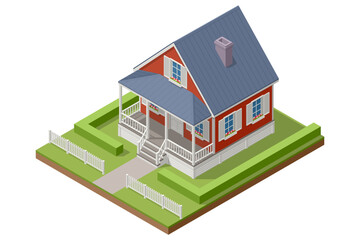 Isometric illustration of a red wooden cottage with white fence, green lawn, and front porch. Cozy countryside house exterior with garden landscape and classic architecture.