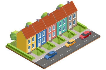 Isometric street view with colorful row townhouses and parked cars. Modern urban neighborhood concept of residential real estate and suburban living.