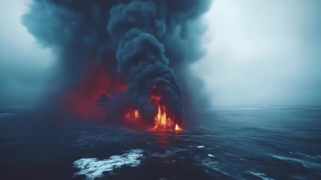 A fiery blaze erupts from a structure at sea, engulfed in thick smoke, amid dark water