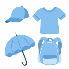 Educational vector of blue objects for kids. Includes shirt, cap, backpack, and umbrella. Ideal for preschool learning, color education, and classroom posters.