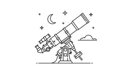 Astronomical exploration depiction featuring a telescope and celestial elements in linear style