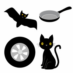 Educational illustration showing black objects for kids to learn colors. Includes bat, cat, tire, and frying pan. Perfect for preschool color learning, classroom posters, and printable worksheets.