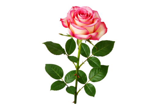 A beautiful pink and white rose with green leaves, isolated on transparent background