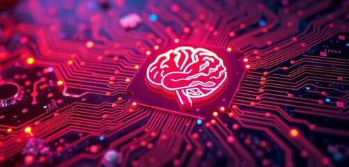Abstract glowing circuit board with AI brain symbol, controller, chip