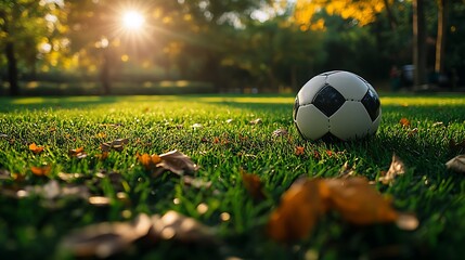 Soccer ball on grassy field with autumn leaves and sunlight isolated on white background