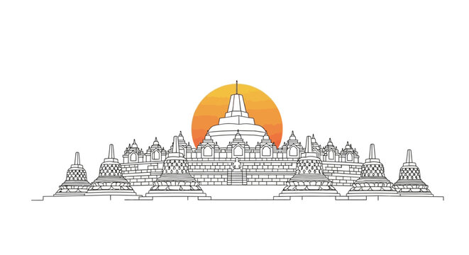 Borobudur architectural landmark sketch with sun setting backdrop in minimalist lines and details