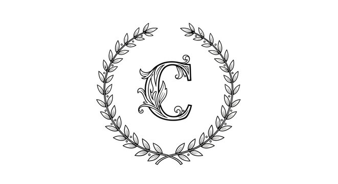 Elegant letter C encased in a delicate botanical laurel wreath for classical designs