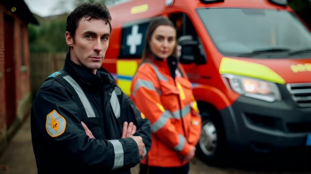 ambulance with two individuals in front of it, including a woman in an orange uniform and a man in a black jacket with a badge on the left side.
