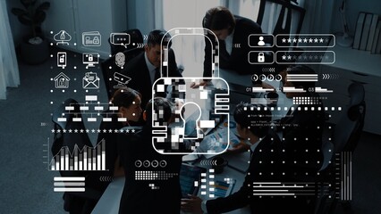 A diverse team engages in a collaborative business meeting surrounded by digital security graphics, emphasizing the importance of data protection in today corporate landscape. Raster