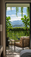 Obraz premium Open balcony view with chair, table, plant and foliage. Represents peaceful retreat and connection with nature, suitable for relaxation themes