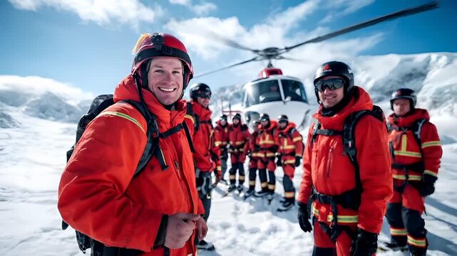 A man in a red jacket and helmet taking a selfie in front of a snowy mountain backdrop. He is wearing a black helmet with a visor and a black strap across his chest.