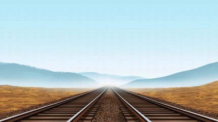 Fototapeta premium Railroad track railway tracks desert landscape horizon mist mountain perspective steel gravel
