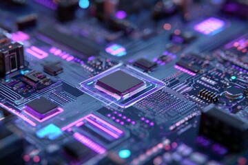 Obraz premium Abstract Technology Background Featuring AI Chip with Circuit Board and Neon Lights in Dark Blue and Violet Colors