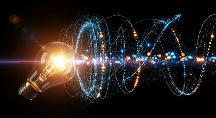 Digital vector illustration of bright, glowing fireworks exploding across the dark blue night space with electric neon light and motion lines