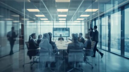 Business professionals meeting in a modern glass conference room with city views while discussing data on a large presentation screen - Powered by Adobe