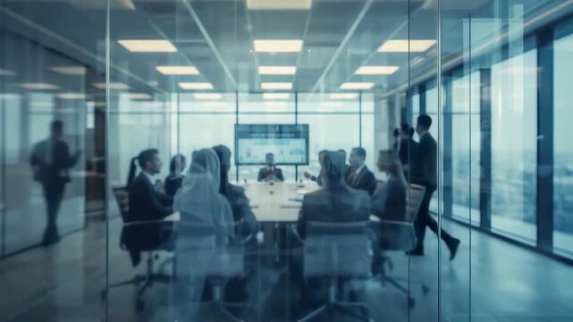 Business professionals meeting in a modern glass conference room with city views while discussing data on a large presentation screen - Powered by Adobe