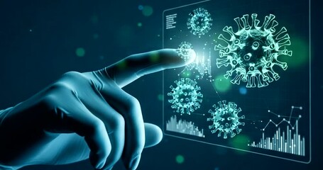 Hand interacting with a digital display of virus particles and data analysis - Powered by Adobe