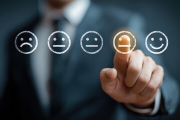 Businessman interacting with mood emojis, showcasing emotional range from sad to happy, highlighting neutrality, with a blurred background for a polished corporate atmosphere