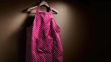 Polka dot apron hanging in a cozy kitchen with warm lighting