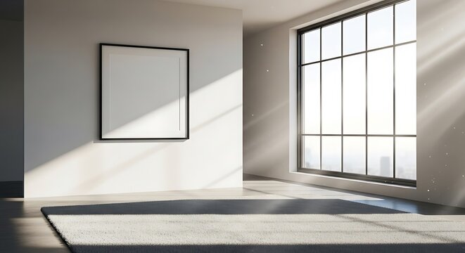 Bright and airy loft interior with framed poster and panoramic windows casting light beams creating a modern space