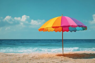 Colorful beach umbrella by the sea on a sunny day with blue waves and a sandy shore, featuring vibrant orange, pink, and blue stripes against a partly cloudy sky. Perfect for summer vibes
