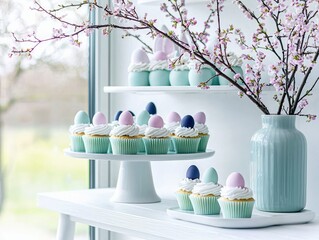 A festive display of cupcakes decorated with pastel Easter eggs and a vase of blooming branches.