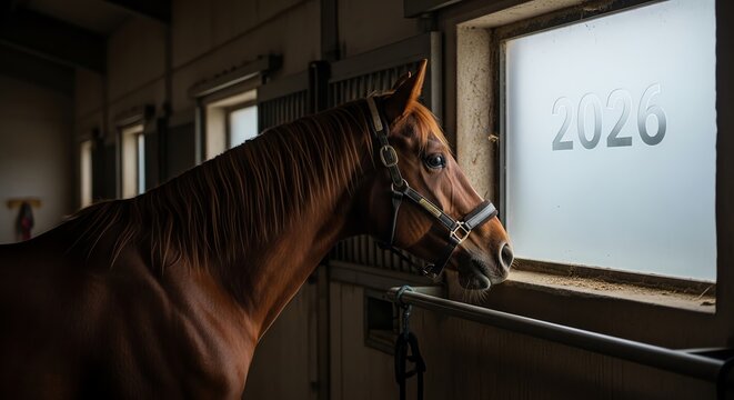 Brown horse looking through stable window 2026