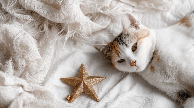 Calico cat relaxing with a gold star on a white blanket