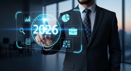 Business professional displaying 2026 data visualization