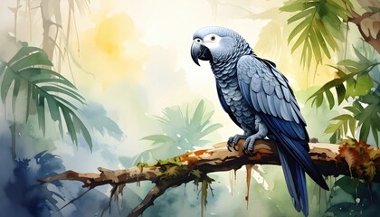 Fototapeta premium Blue parrot perched on tropical branch in misty rainforest atmosphere expressing intelligence, color and exotic biodiversity of jungle wildlife ecosystems
