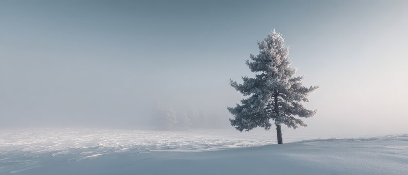 Winter landscape with a snow-covered tree in a misty, serene environment