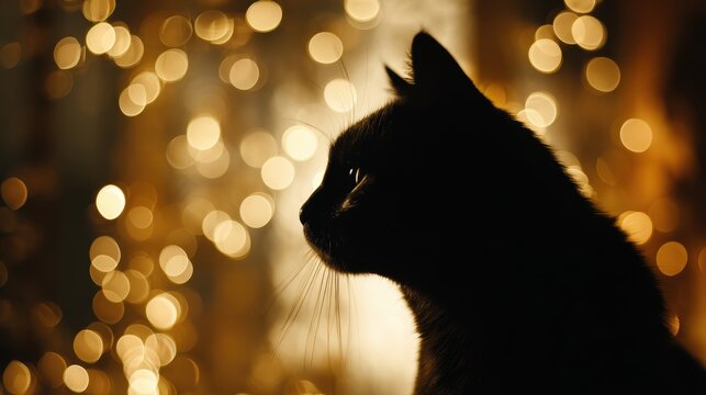 Silhouette of a black cat with bokeh lights in the background