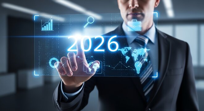 Business professional interacting with 2026 data display