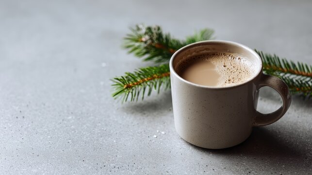 Cozy coffee mug with evergreen branch on a textured gray background