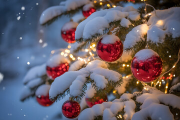 Close-Up of Red Christmas Ornaments on Snowy Tree Branches