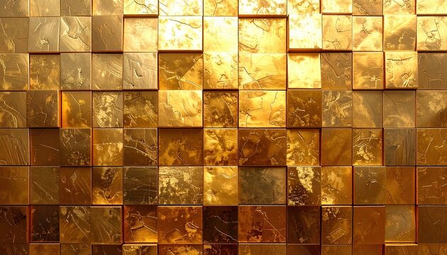 Golden metallic abstract pattern of square tiles reflecting light, symbolizing wealth, success and modern luxury design trend in digital and interior art