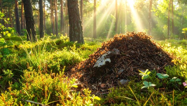 Sunbeams illuminate a forest anthill surrounded by lush green moss and plants.