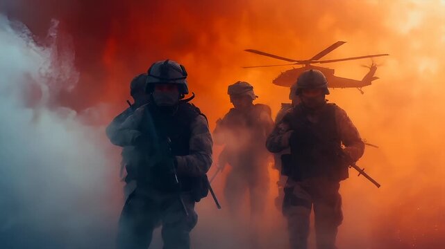 A vivid portrayal of a military operation amidst a smoky haze, with a helicopter hovering above. The scene is dominated by a warm, orange hue, suggesting a fiery environment. The soldiers.