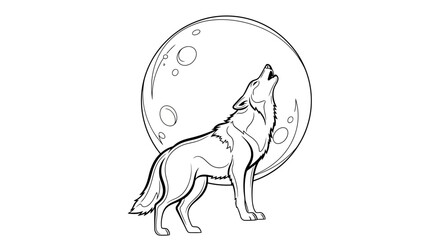Elegant monochrome illustration showcasing a wolf howling beneath the lunar sphere serene