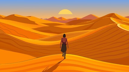 Lone traveler walks across vast golden sand dunes under a warm desert sun