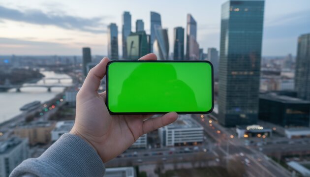 Hand holding smartphone with green screen in front of city skyline at dusk, representing technology, innovation, and creative digital advertising possibilities