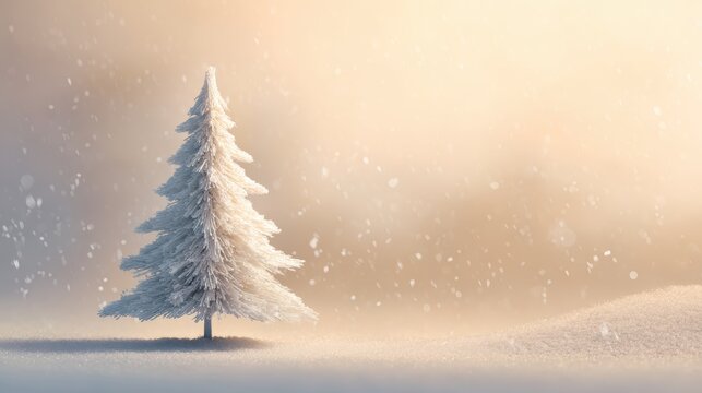 Winter wonderland scene with a snow-covered Christmas tree and falling snowflakes