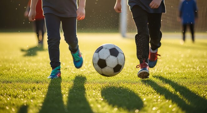 Children playing soccer on a grassy field
