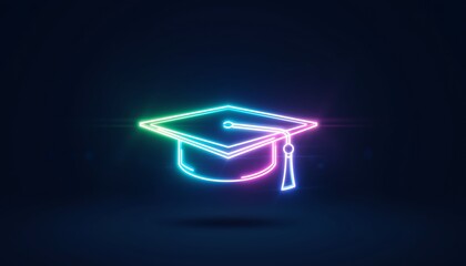 Vibrant neon glowing outline of a graduation cap icon on a deep dark background, symbolizing academic achievement, success,celebration. 