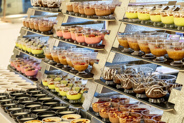 Karisik Turk tatlilari. New dessert varieties at the  luxury hotel open buffet. Milk-based desserts,  Turkish Dessert Sobiyet, havuc dilimi, midye baklava, mussels baklava and classic baklava. 