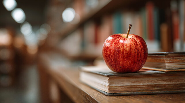 Fresh red apple on stack of books in library for education knowledge and healthy lifestyle concept with copy space